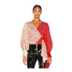 SELF PORTRAIT Red & Cream Guipure Lace Trim Satin Wrap Top